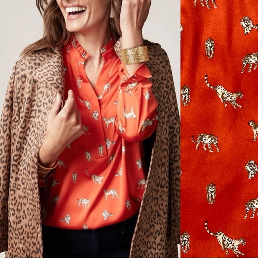 Chico’s Prowling Leopard Print Big Cat Blouse Ruffle Collar M 8/10 Fire Red